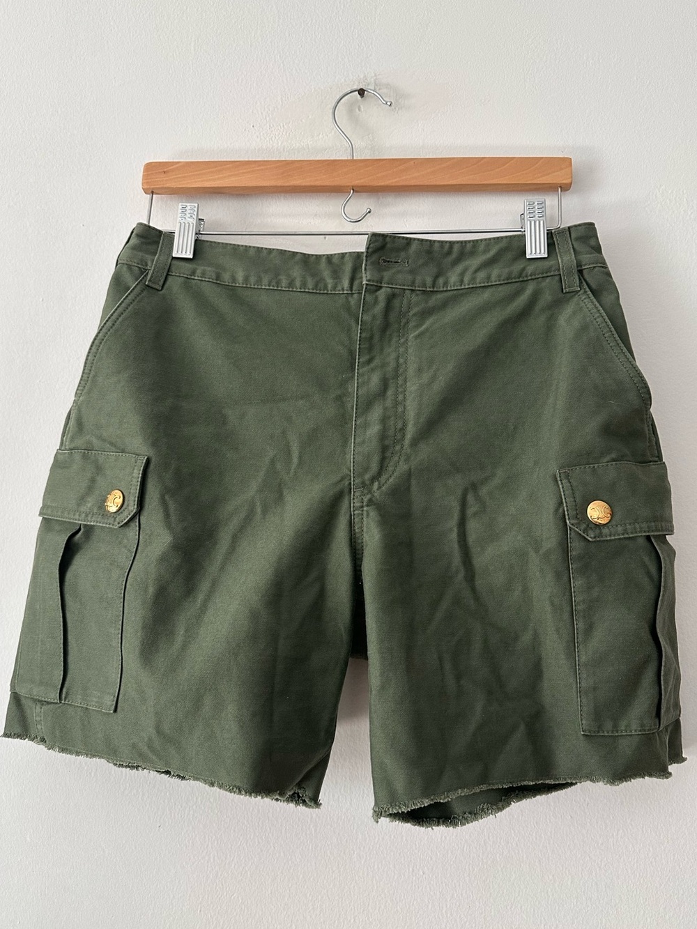 CELINE Khaki Green Cotton Cargo Shorts Gold Button Details Raw Fray Hem Sz 38